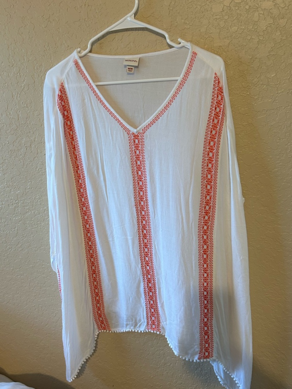 Merona White V-Neck Tunic with Coral Stitch Accents